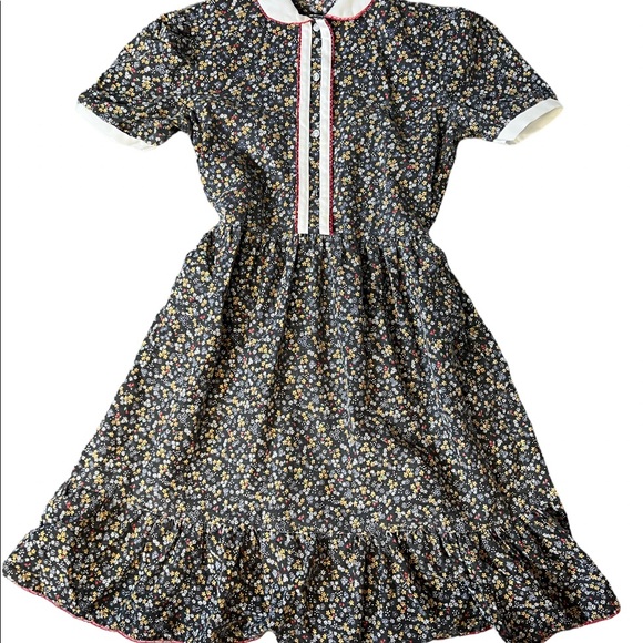 Vtg 1970s -Union Made -Cottagecore Prairie Dress W/Peter Pan Collar Black Floral - Picture 2 of 9
